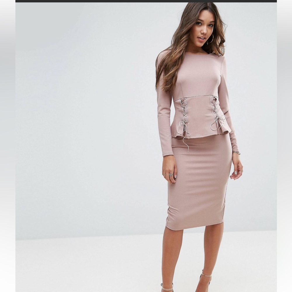 ASOS Midi Dress with Corset Peplum Detail in Mink